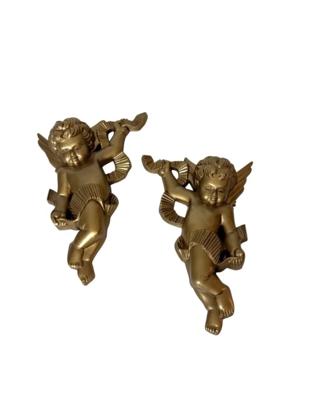Vintage Burwood Cherub Wall Plaques Set of 2 Regency Gold Angel Hanging Pair